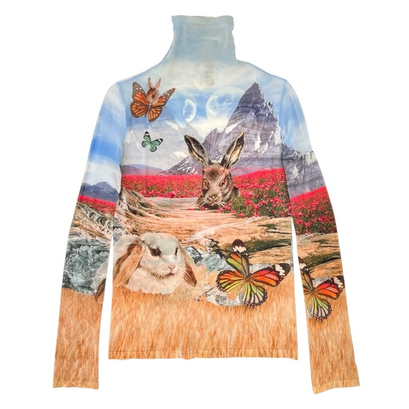 Acne Studios Denise Blue Rabbit Landscape Print Long Sleeve Turtleneck Mesh Top - Picture 2 of 15
